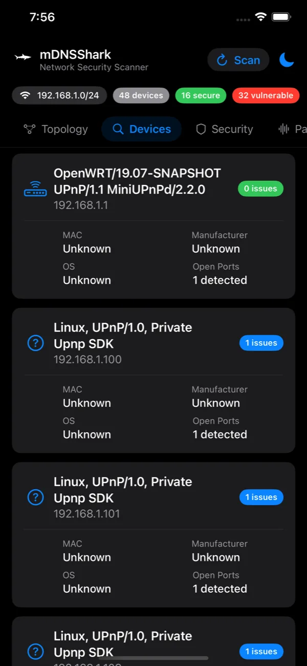 Discovered devices list